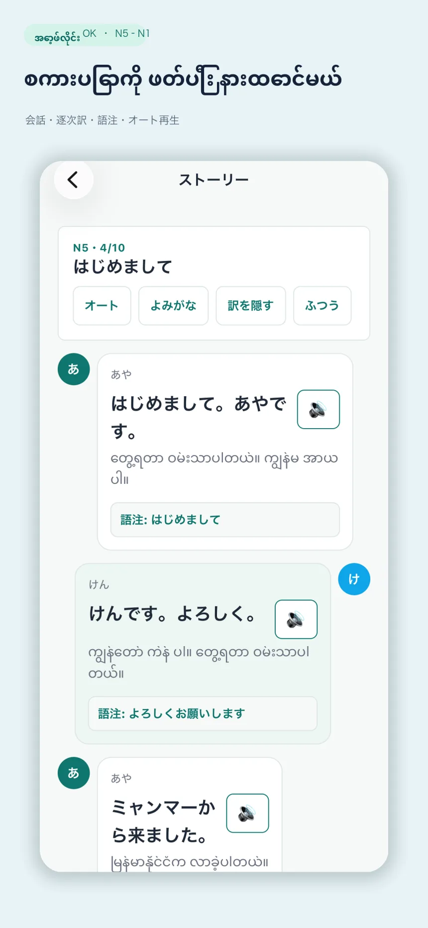 Nihongo Pocket conversation story with Japanese audio and Burmese translation